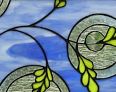Abstract  vine and leaves stained glass decorative art suncatcher panel lime green blue modern