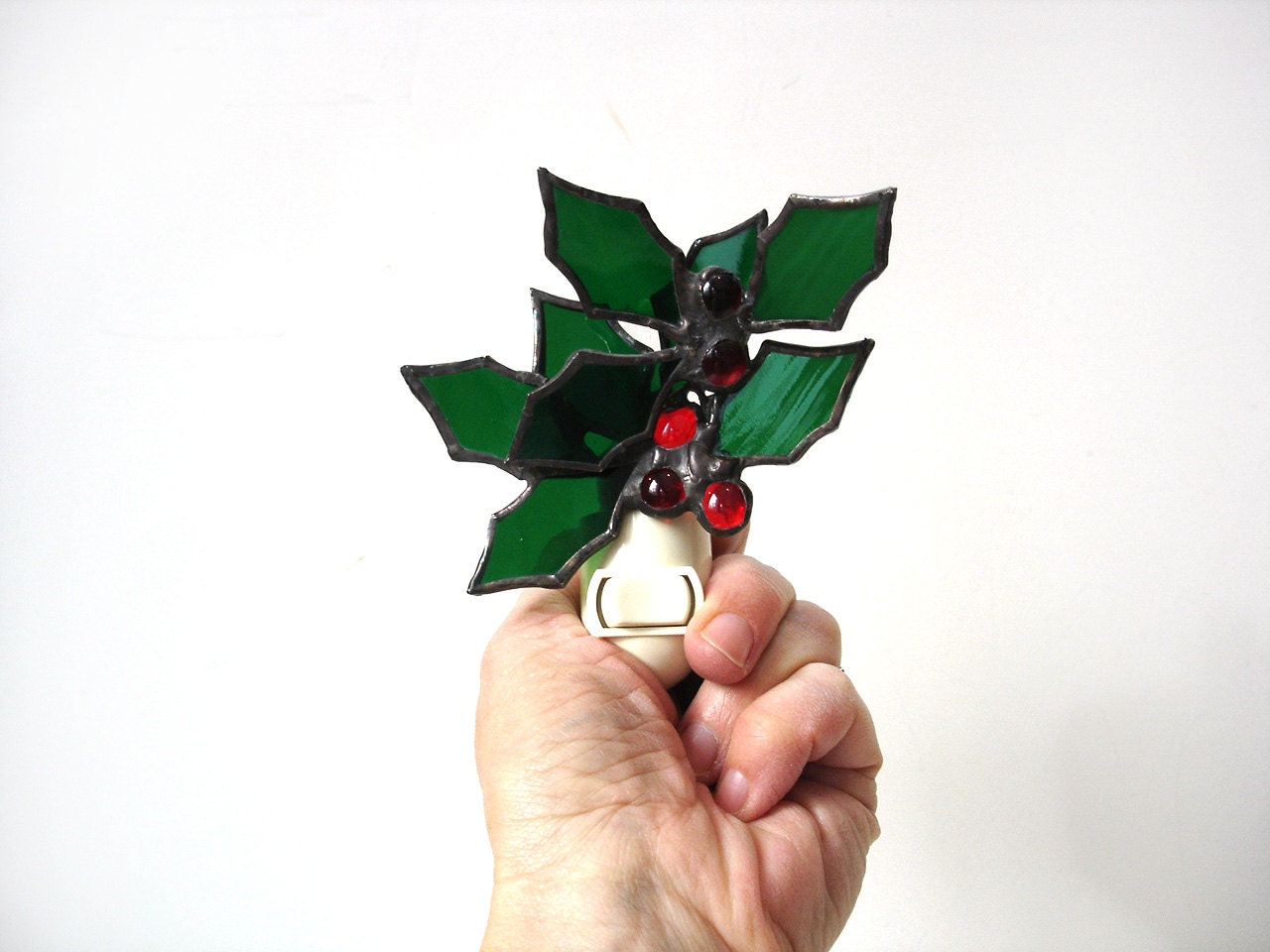 Christmas nightlight, Holly and berries stained glass night light,  winter decor