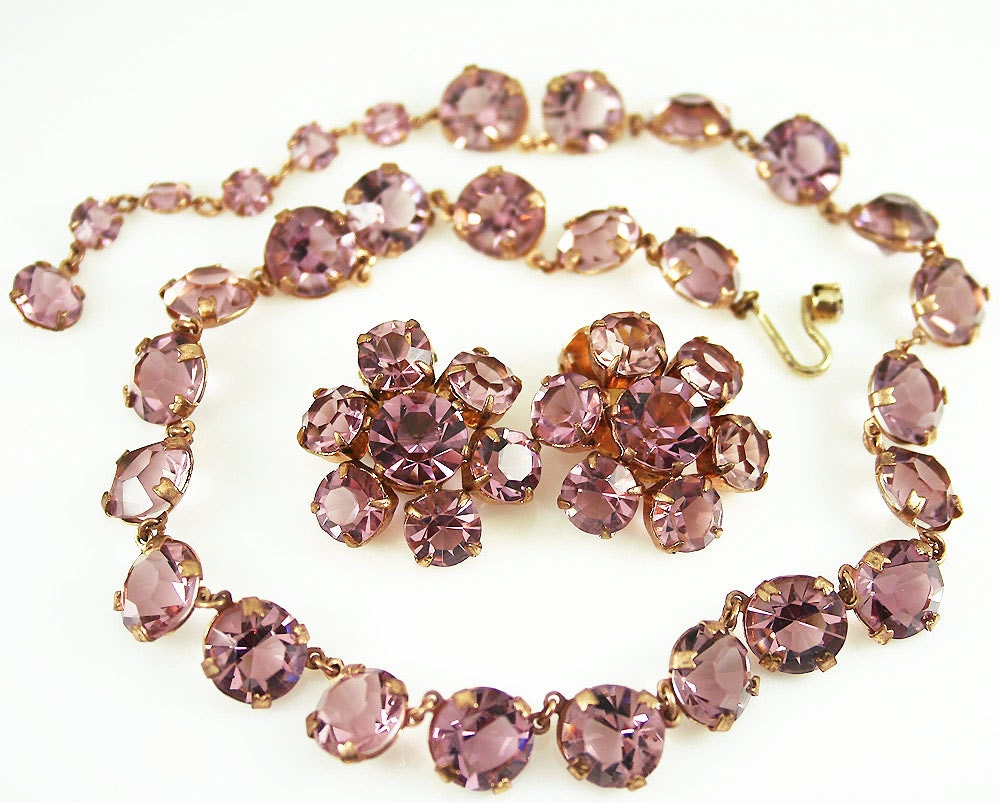 Vintage Lavender Purple Faceted Open Back Crystal Necklace Earrings Set