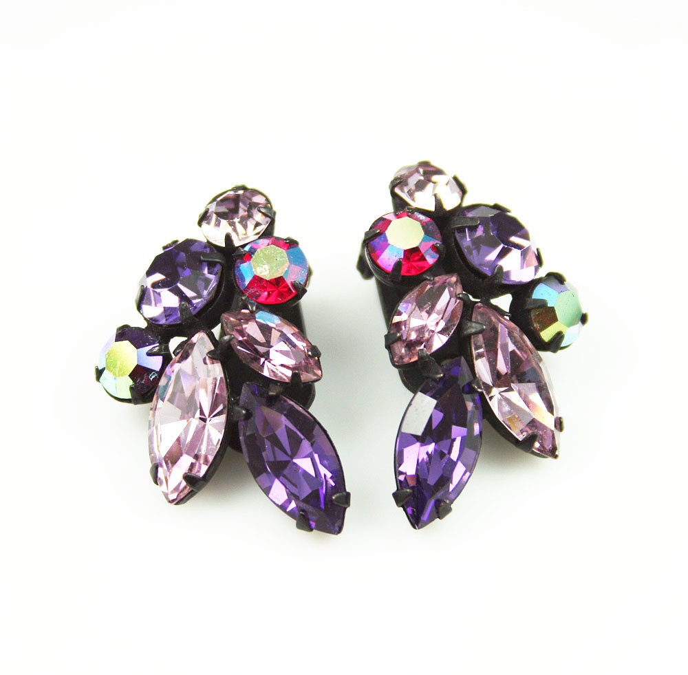 Vintage Lavender Purple Red Aurora Borealis Rhinestone Japanned Earrings