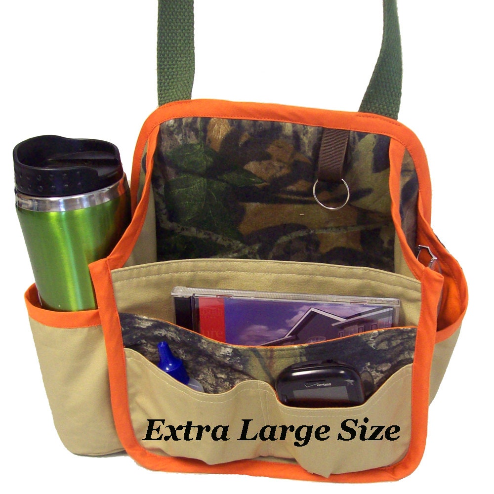 Large Hanging Car Organizer in Camo and Orange with Water Bottle Holder