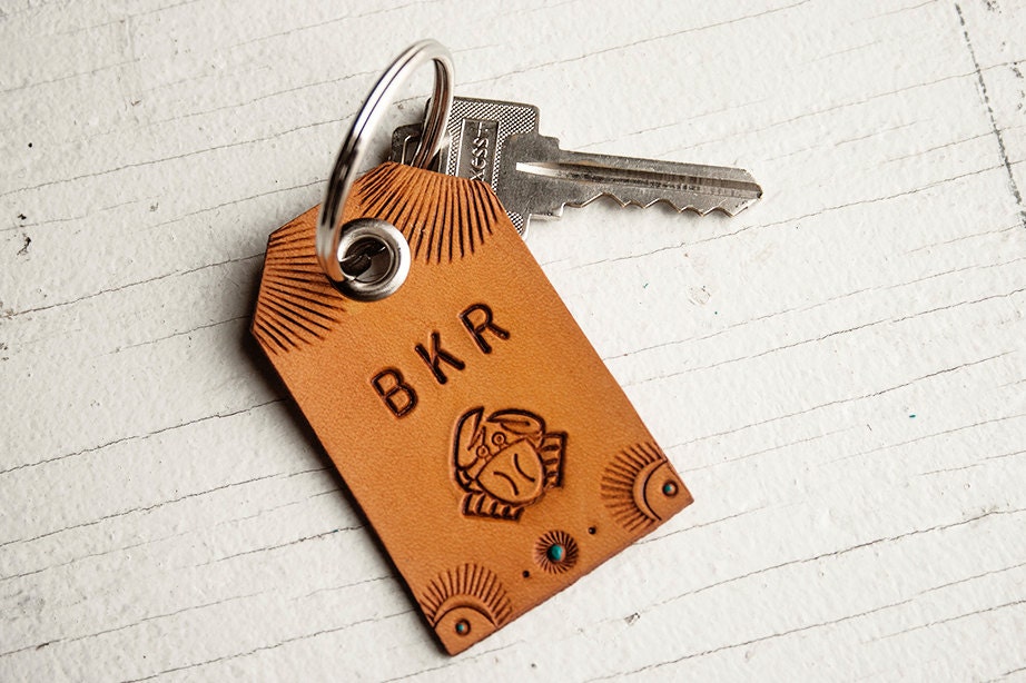 Zodiac Custom Leather Key Chain -  hand tooled - key ring or luggage tag - Astrology - Custom name or Initials