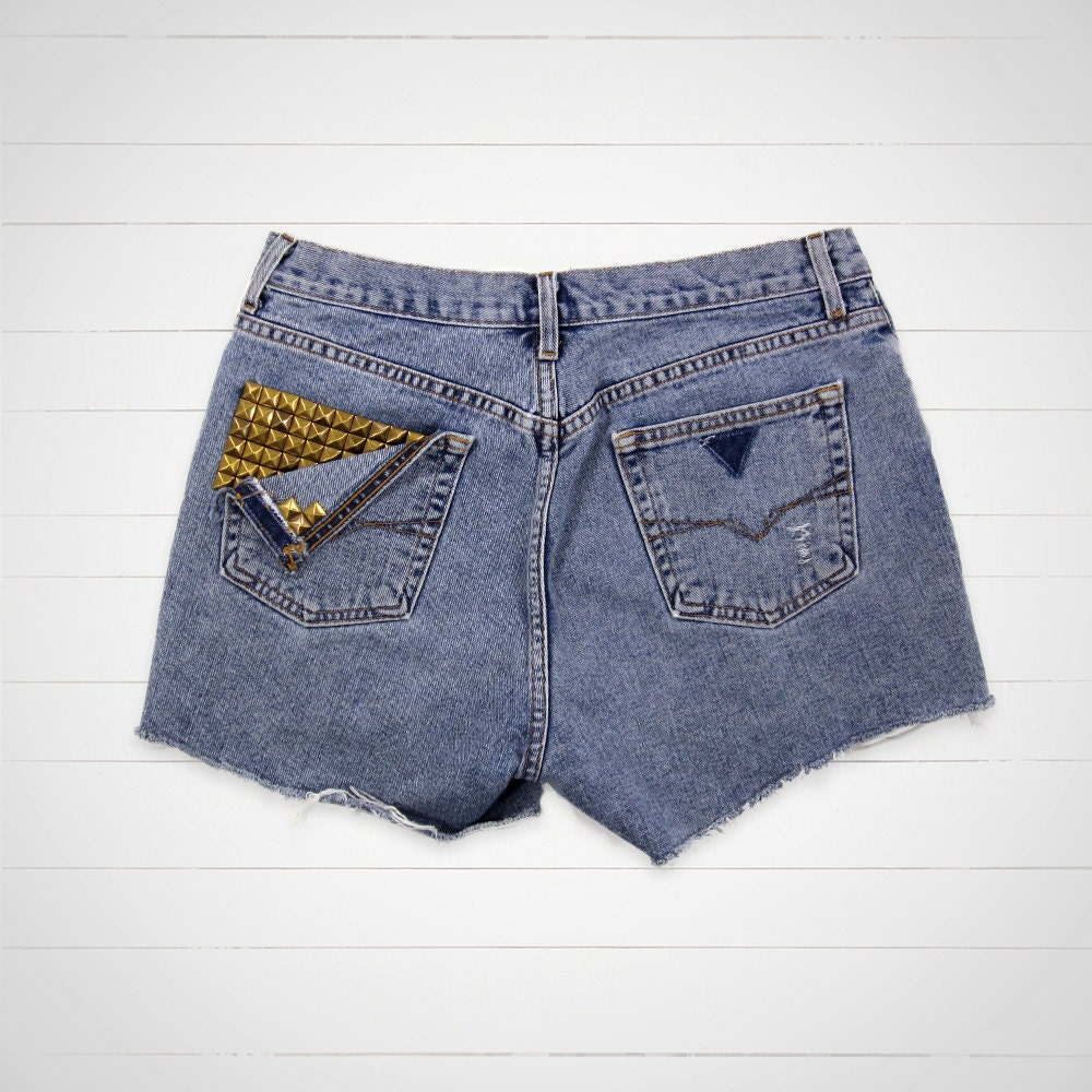 Studded Shorts / Vintage Guess High Waisted Denim Shorts Cut Offs / 32 Waist