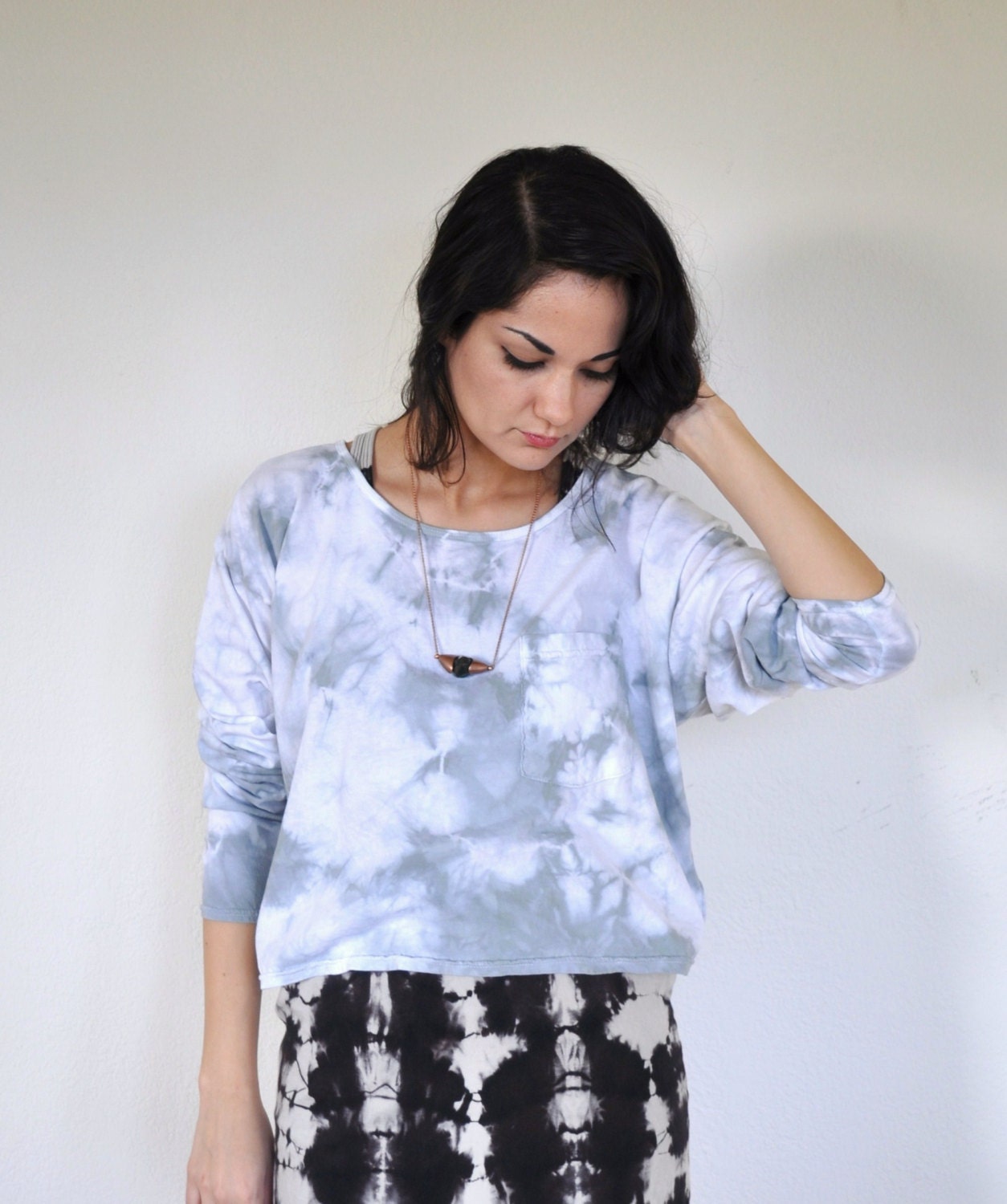 Gray and White Marble Pocket Long Sleeve Top