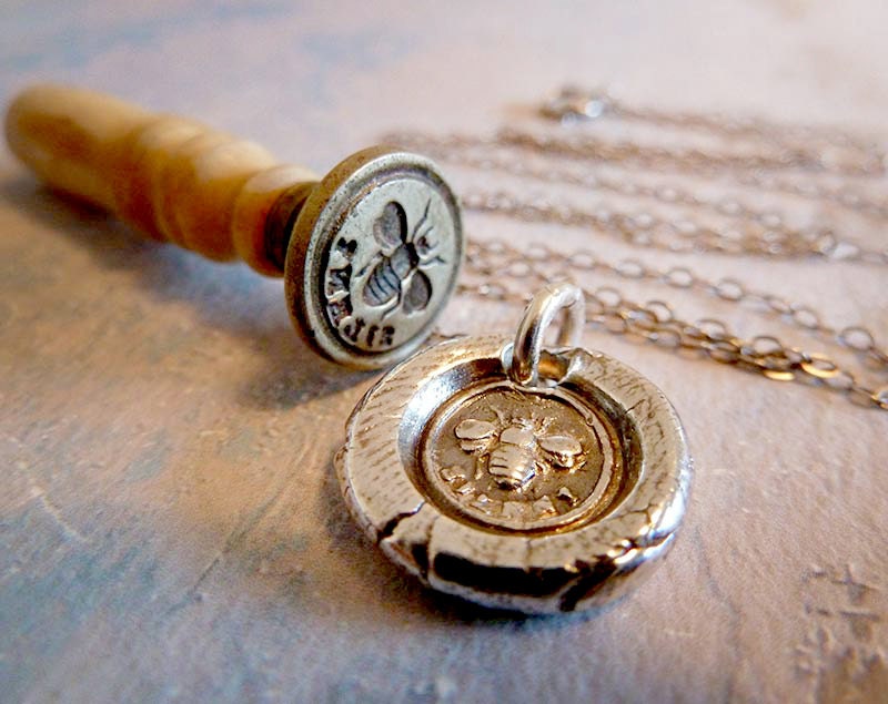 Bee Silent Mini Wax Seal Necklace. Recycled Fine Silver Victorian Pendant. Handmade Bee Jewelry