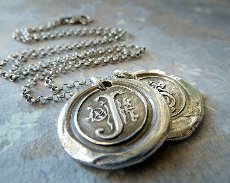 Twice the Love. Personalized Two Wax Seal Silver Monograms Necklace. Any Two Letters Made to Order. Wax Seal Fine Silver Stamped Jewelry