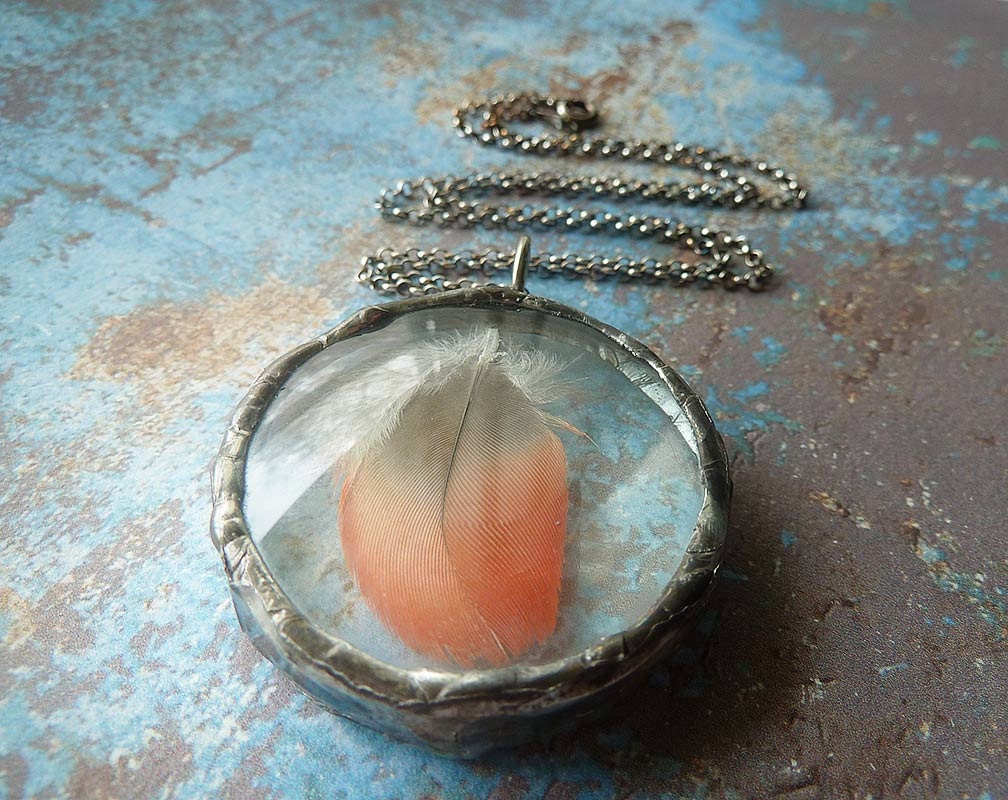 Feather Necklace. Sterling Silver Chain. Genuine Red Orange Macaw Feather. Parrot Tribal Feather Jewelry