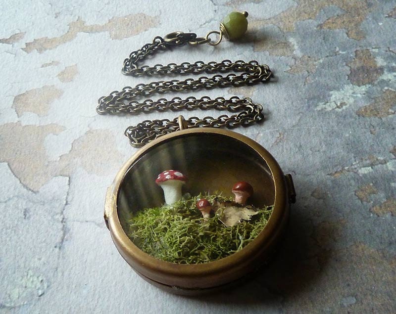 Better Gnomes and Gardens. Woodland Moss Terrarium Brass Locket Necklace