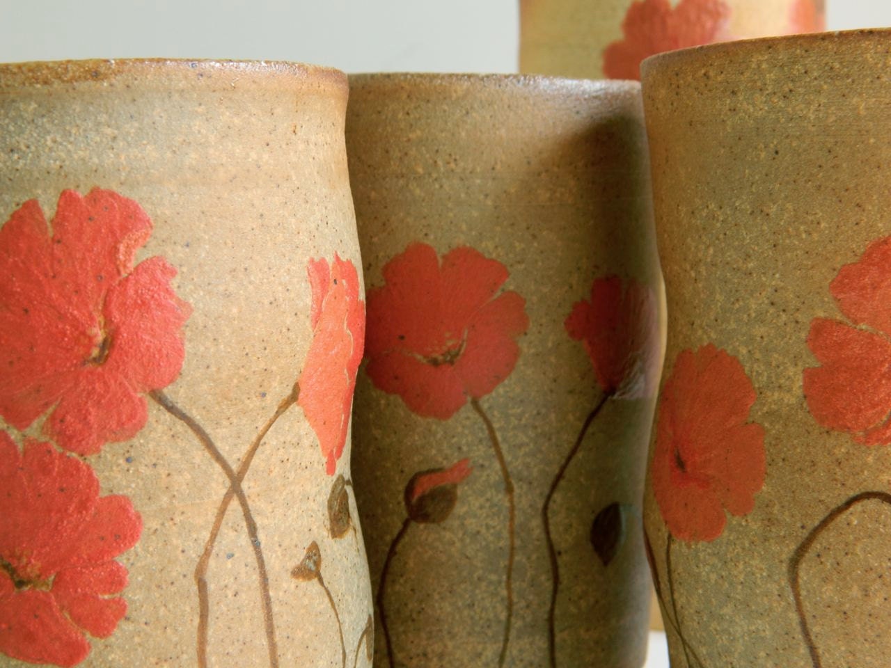 4 Large Poppy Cups - hand-painted, wood-fired pottery, tumbler