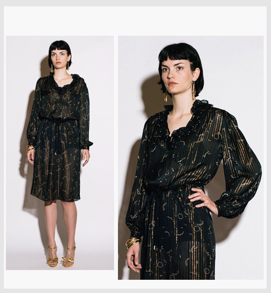 ZANDRA RHODES 1980s Black Silk Sheer Star Print Dress
