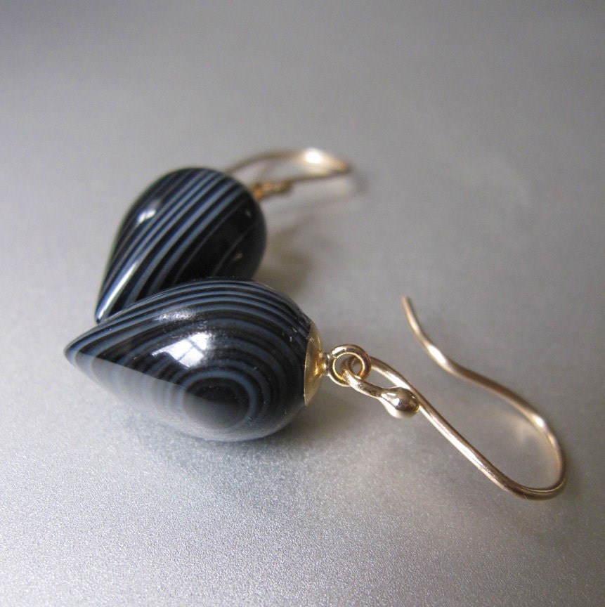 Black Banded Agate Solid 14k Yellow Gold Inverted Drop Earrings