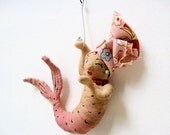 Ooak Spun Cotton Pink Valentine Mermaid Blowing Kiss Vintage Inspired