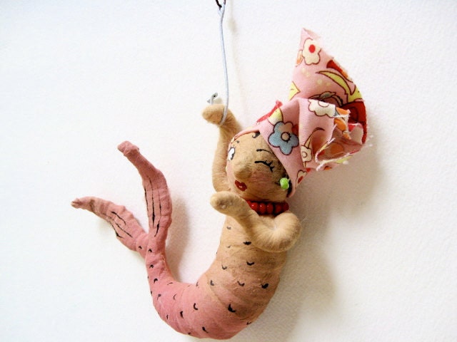 Ooak Spun Cotton Pink Valentine Mermaid Blowing Kiss Vintage Inspired