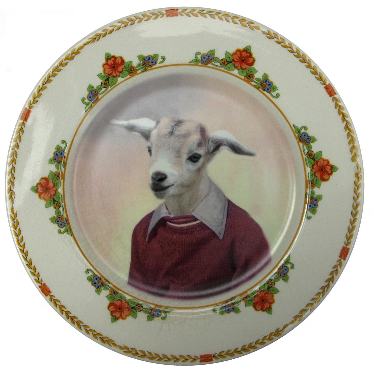 Billy Goat Portrait Plate - Altered Vintage Plate 9"