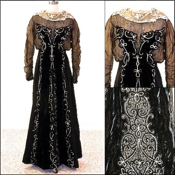 Edwardian Dress, Antique Embroidered Velvet Lace & Silk Gown, Downton Abbey Edwardian Fashion, Steampunk