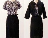 1960s Dress Suit, 3PC Vintage Womens Dress Set, 60s Black Linen Career Dress, Cropped Jacket & Patent Leather Belt