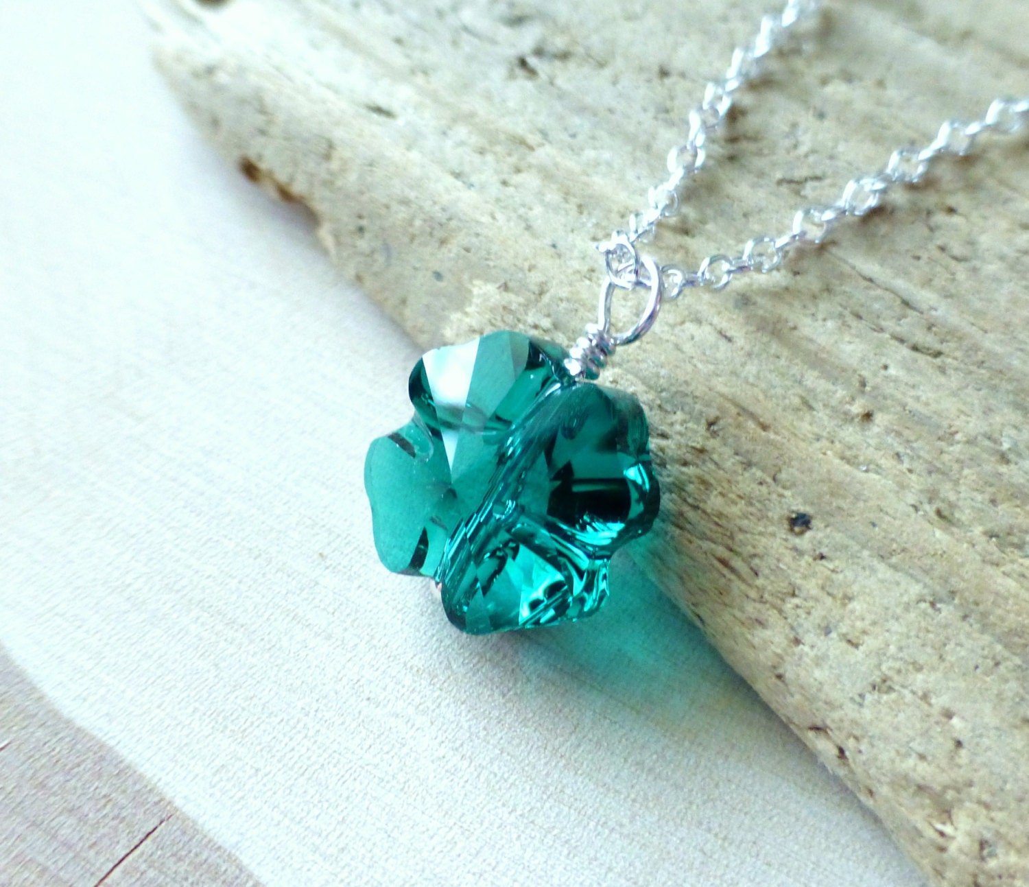 St. Patricks Day Necklace, Shamrock Green Necklace, Lucky Clover, Swarovski Emerald Green Pendant, Sterling Silver, St. Patrick