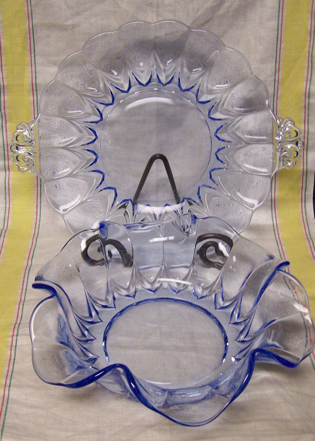 Vintage New Martinsville Depression Janice Blue Crystal Glass Serving Bowl and Underplate