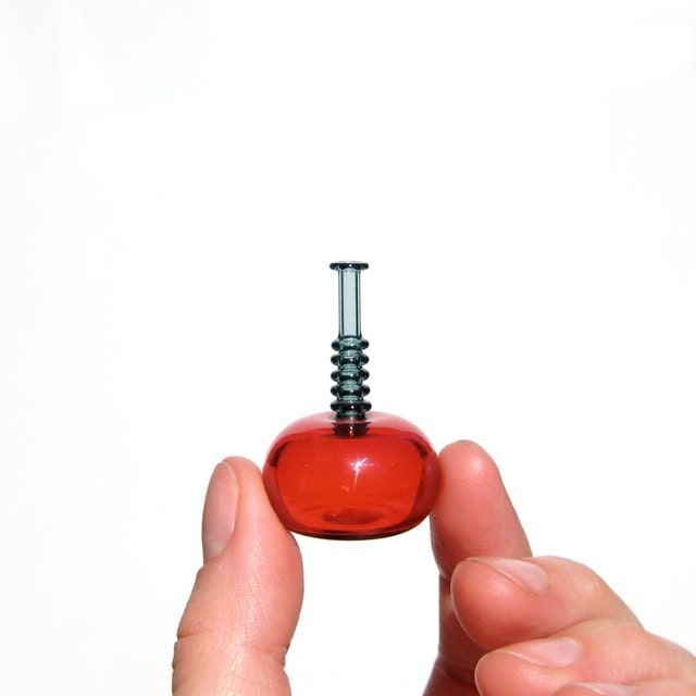 Miniature Bottle in Teal and Red, Hand Blown Glass