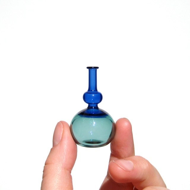Miniature Bottle in Teal and Cobalt Blue, Hand Blown Glass