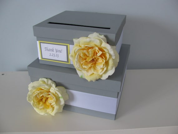 2 tiered Gray and Yellow Wedding Card Box Personalized Tag Yellow Roses You Customize flowers and colors