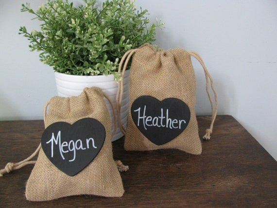 Rustic Personalized Bridesmaid Gift Bags Jewelry Keepsake Gift Burlap Bags Chalkboard or Wood Tag You Personalize - astylishdesign