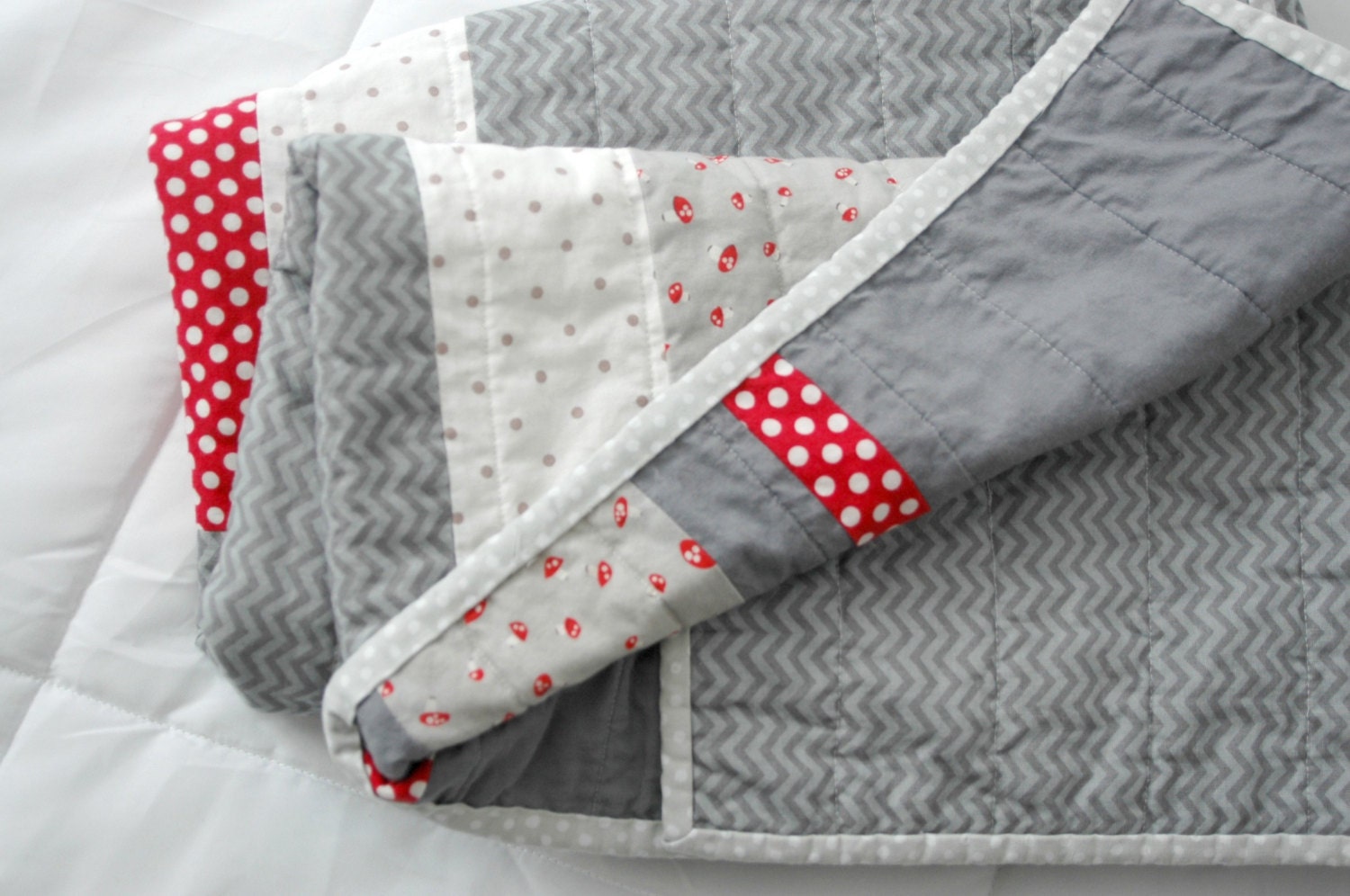 Baby Quilt in Grays and Reds, Polka Dot and Mushrooms, Ready to Ship