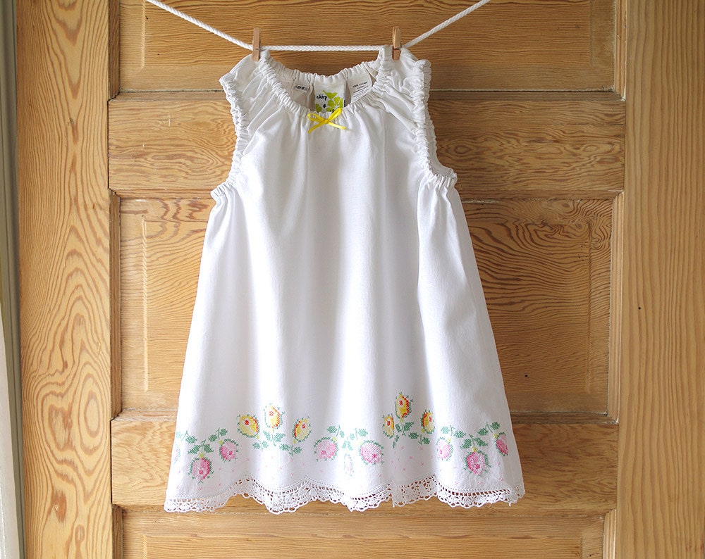Handmade Baby Dress- 2T- Vintage Pillowcase Dress- Pastel Cross Stitch Roses Embroidery- Shabby Chic Heirloom Baby Shower Gift