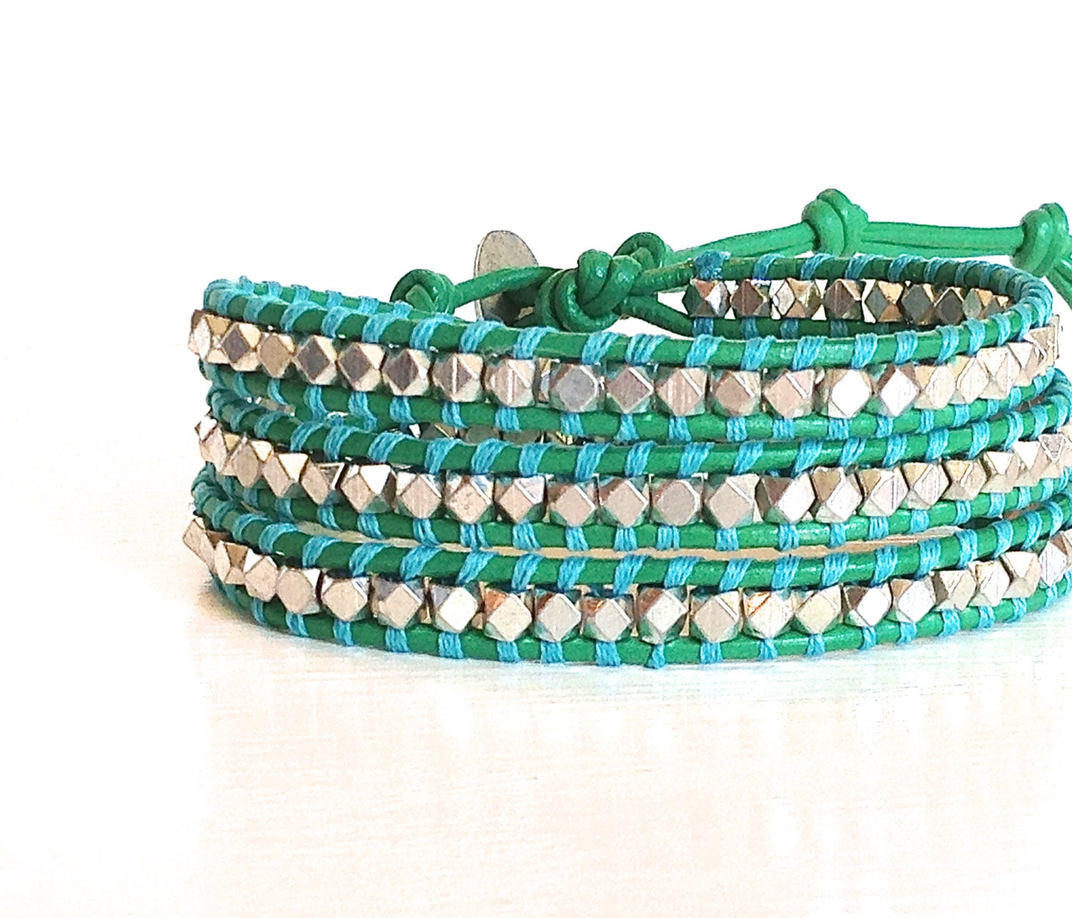 Triple Wrap Bracelet with Silver Nuggets on Kelly Green Leather with Contrast Turquoise Thread