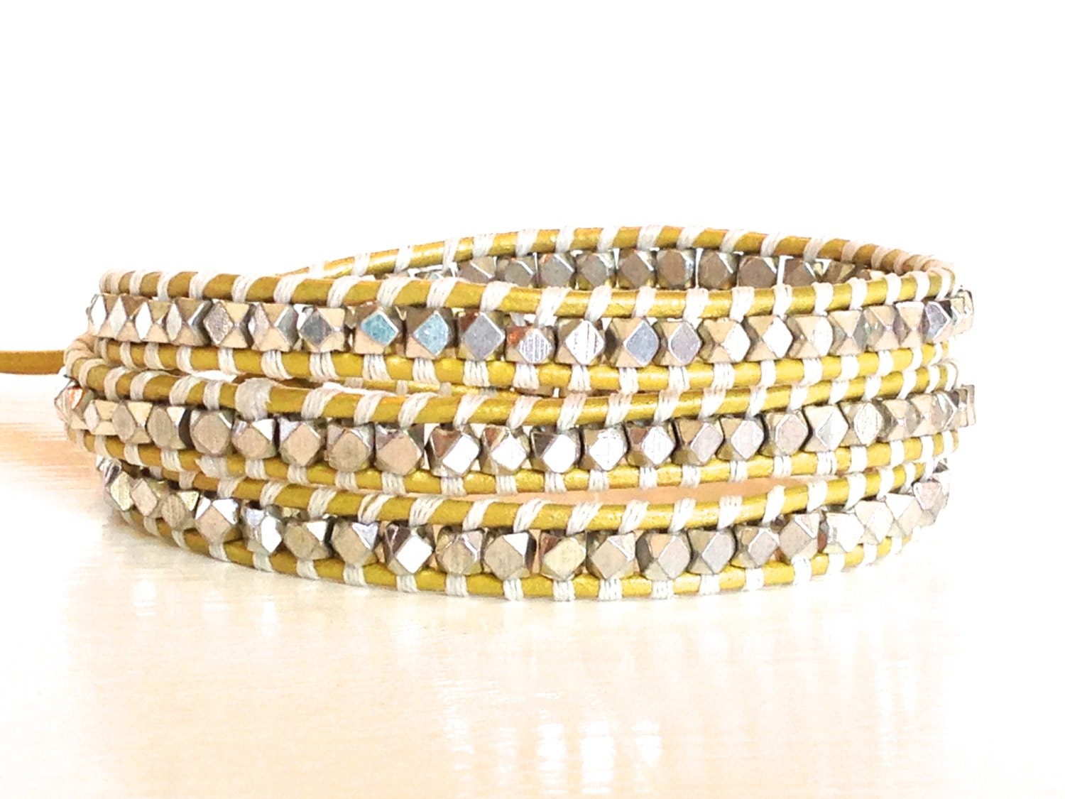 Canary Yellow Leather Triple Wrap Bracelet with Silver Nuggets