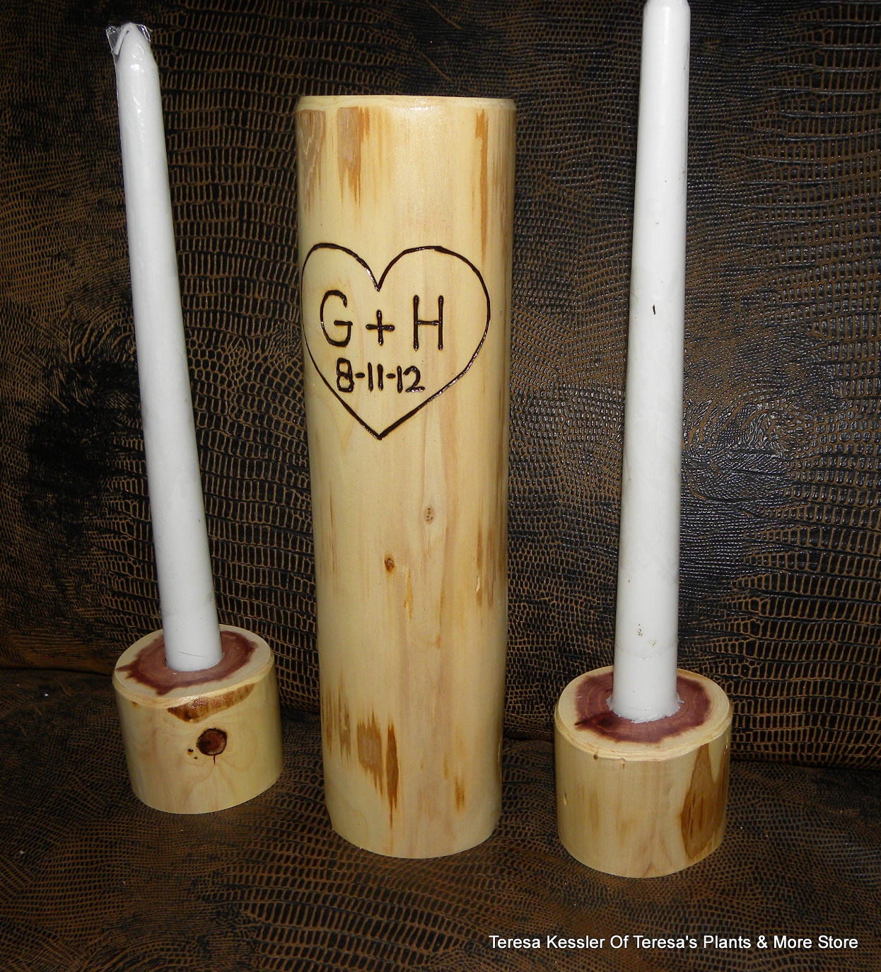 Rustic Mossy Woodland Wedding Unity Candle Sets-PERSONALIZED Made to order-Wooden Tea light Candle Holders