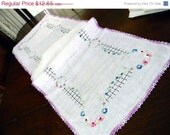 ON SALE Older Vintage Table Runner Crochet Edge - Embroidered Florals 8496