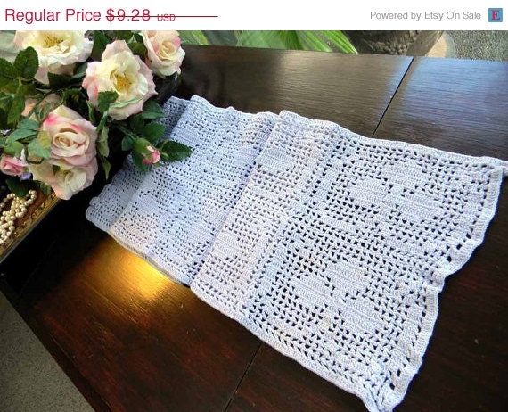 ON SALE Vintage Filet Crocheted Scarf or Table Runner in Lavender 4680