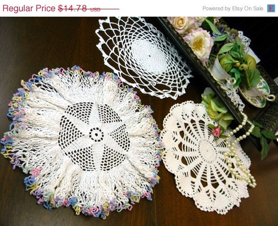 ON SALE 3 Vintage Crocheted Doilies in Shades of White 9850