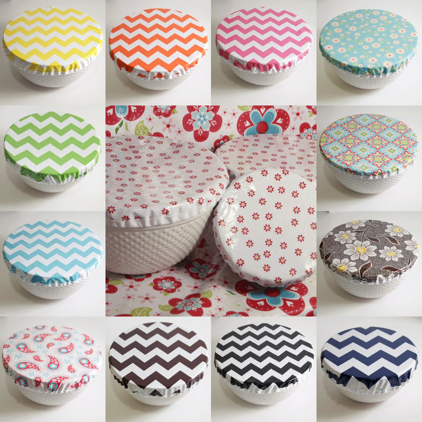 Laminated Cotton Oilcloth Reusable Bowl Covers set of 3 great for picnics, parties, everyday PICK YOUR FABRIC