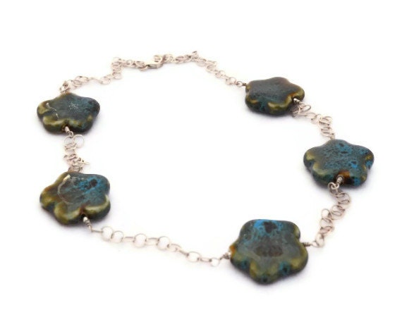 Ceramic flower bead necklace sterling silver chain