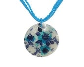 Stamped Capiz Shell Multi Strand Necklace Blue Black Flower