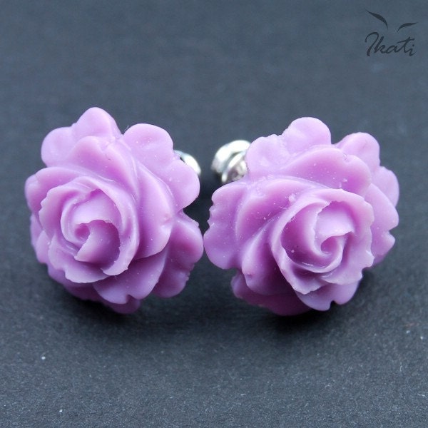 LAVENDER ROSES - sterling silver flower earrings, pin-earrings, ear post, violet, lilac