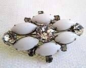 Vintage Milk Glass and Rhinestone Brooch Pin Prong Set