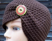 womens crochet hat girls hat ladies hat brown with green brown orange funky button youth adult 6521