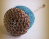 Teal acorn gold lapel pin - felt wool ball - large acorn cap - blue green - long lapel pin with stopper - boutonnière - oak - woodland.