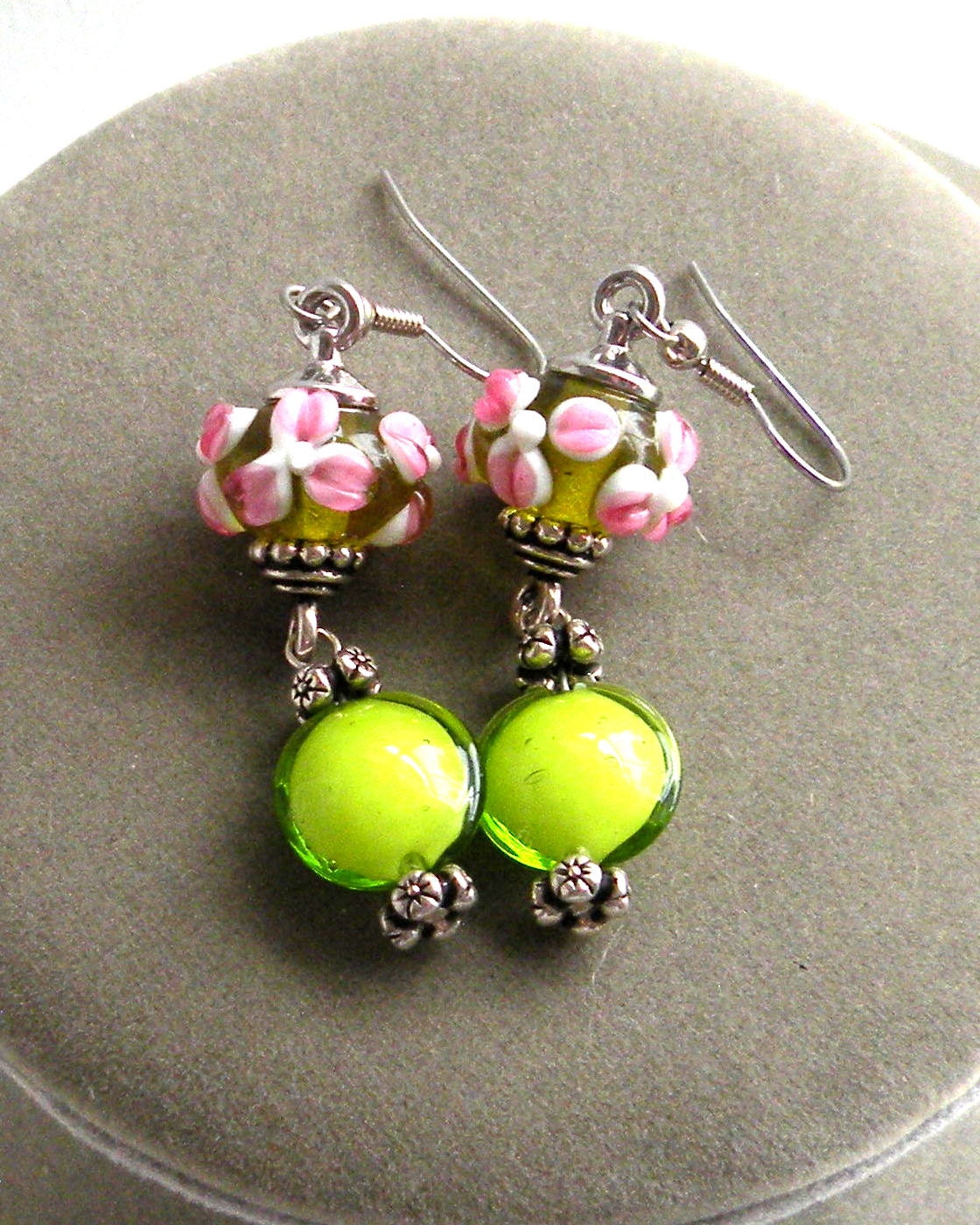 Pink and Green Lampwork Glass Earrings Long Beaded Earrings