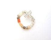 Peach Gray Moonstone Sideways Cross Ring Rhinestone Bling Gemstone Ombre
