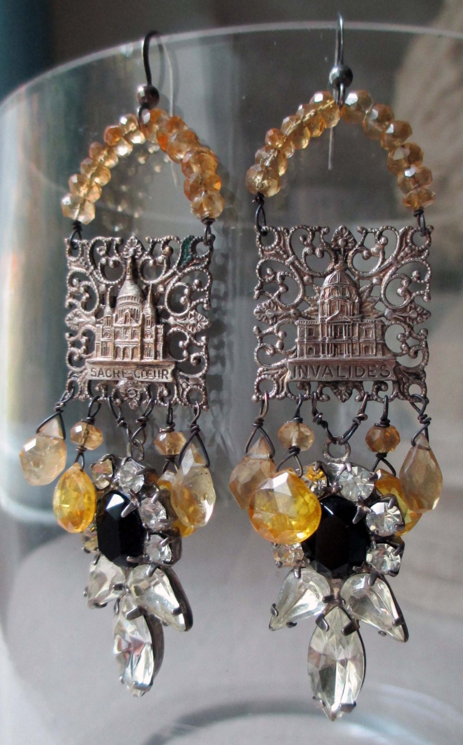SOLD to Jo Ann - sunrise over paris - vintage assemblage earrings with souvenir links, rhinestones and citrine by the french circus