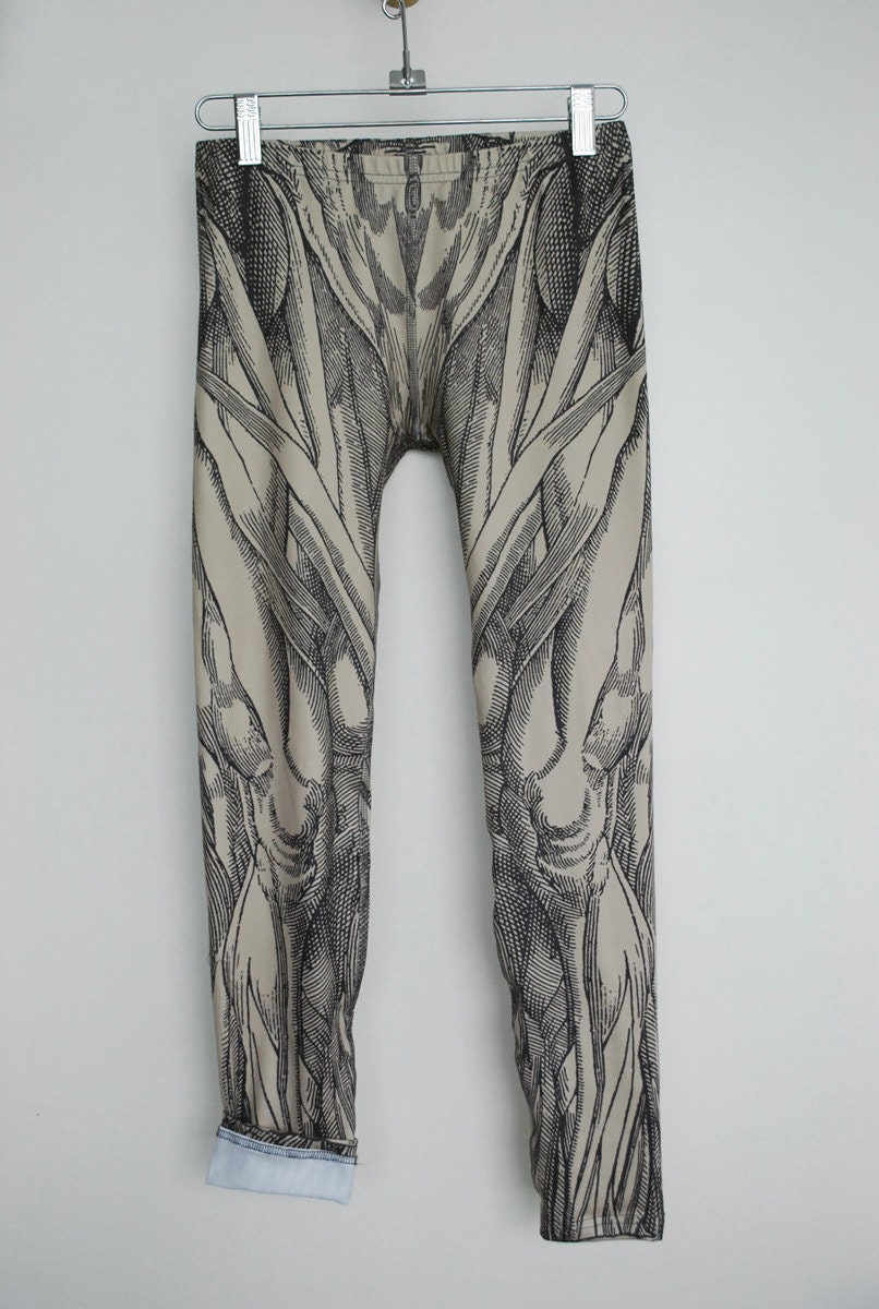 Anatomical Leggings - Hand Printed Vintage Medical Illustrations of Muscle Structure - Tan