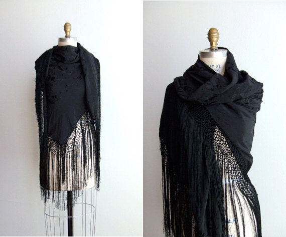 Vintage 1960s black silk piano shawl with long fringe