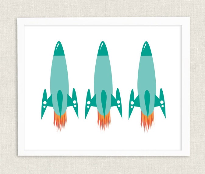 2013 Pantone Color of the Year Emerald  Rocket Ship Outer Space Kids Wall Art Print 14 x 11 Giclee Unique Nursery Modern Poster Gift