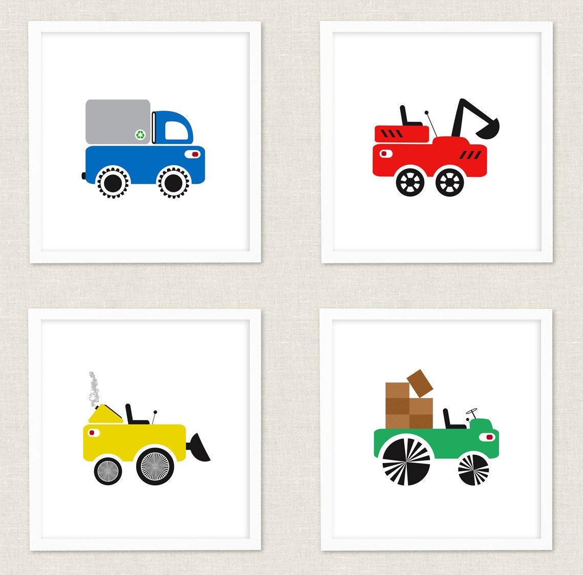 Things That Go Series Of Four 8 x 8 Giclee Kids Wall Art Print Tractor Excavator Scooper Recycle Truck Construction Site Boys Room Nursery