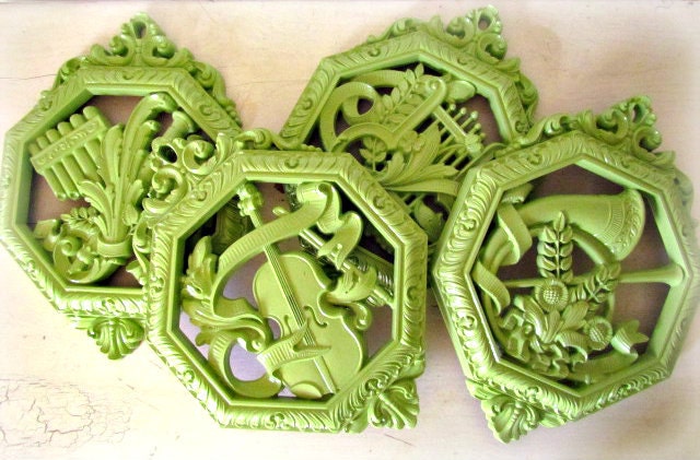 Vintage Upcycled Apple Green Musical Plaques / Set of Four Faux Iron Look / Feat. Woodwind and Stringed Instruments