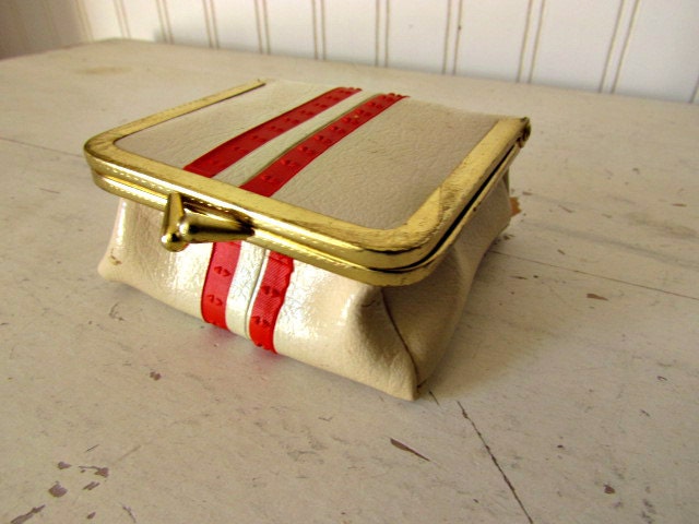 Vintage Traveling Sewing Kit in Vinyl Beige with Red Stripe Case